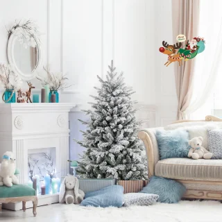 COSTWAY Kunstkerstboom, 146 cm, gevlokte dennenboom met 160 veelkleurige ledlampen, 8 lichtmodi en 436 takpunten, verlichte kerstboom voor thuis, bedrijf en kantoor