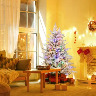 COSTWAY Kunstkerstboom, 146 cm, gevlokte dennenboom met 160 veelkleurige ledlampen, 8 lichtmodi en 436 takpunten, verlichte kerstboom voor thuis, bedrijf en kantoor