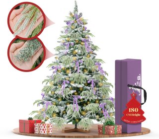 De Soontrans 180 cm Kunstkerstboom, PVC + PE Groene Kerstboom, kunstmatige Spar Met LED-Verlichting, Sneeuwbedekking, Decoratieve Accessoires, Beschermende Handschoenen, Opbergtas, Houten Standaard in één oogopslag