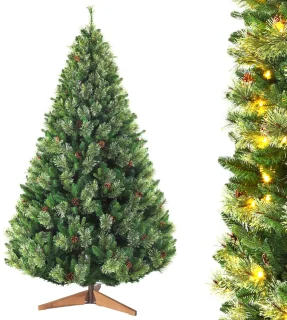 VANKEL Kunstkerstboom - Duurzaam PVC+PE - Met LED Lampjes - 180cm - 1080 Takpunten - Stevige houten voet - Stijlvolle Kerstdecoratie