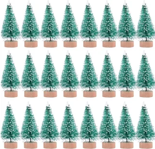 24 stuks kunstmatige mini-kerstbomen van sisal met houten voet, flessenborstelbomen, kunststof wintersneeuwornamenten, tafelbomen voor kerstfeesthuisdecoratie (groen)