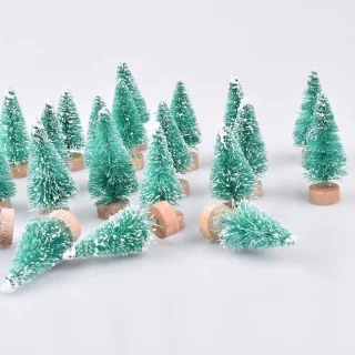 24 stuks kunstmatige mini-kerstbomen van sisal met houten voet, flessenborstelbomen, kunststof wintersneeuwornamenten, tafelbomen voor kerstfeesthuisdecoratie (groen)