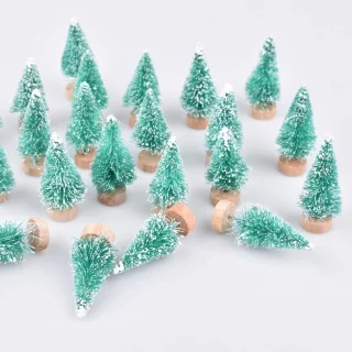 24 stuks kunstmatige mini-kerstbomen van sisal met houten voet, flessenborstelbomen, kunststof wintersneeuwornamenten, tafelbomen voor kerstfeesthuisdecoratie (groen)