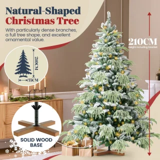 Soontrans 210 cm Kunstkerstboom, PVC + PE Groene Kerstboom, kunstmatige Spar Met LED-Verlichting, Sneeuwbedekking, Decoratieve Accessoires, Beschermende Handschoenen, Opbergtas, Houten Standaard