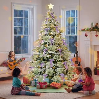 Soontrans 210 cm Kunstkerstboom, PVC + PE Groene Kerstboom, kunstmatige Spar Met LED-Verlichting, Sneeuwbedekking, Decoratieve Accessoires, Beschermende Handschoenen, Opbergtas, Houten Standaard