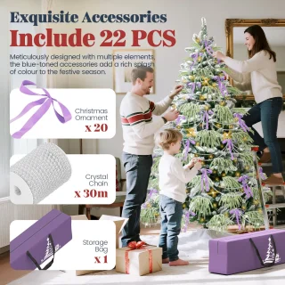 Soontrans 210 cm Kunstkerstboom, PVC + PE Groene Kerstboom, kunstmatige Spar Met LED-Verlichting, Sneeuwbedekking, Decoratieve Accessoires, Beschermende Handschoenen, Opbergtas, Houten Standaard