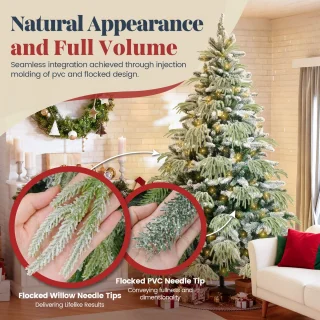 Soontrans 210 cm Kunstkerstboom, PVC + PE Groene Kerstboom, kunstmatige Spar Met LED-Verlichting, Sneeuwbedekking, Decoratieve Accessoires, Beschermende Handschoenen, Opbergtas, Houten Standaard