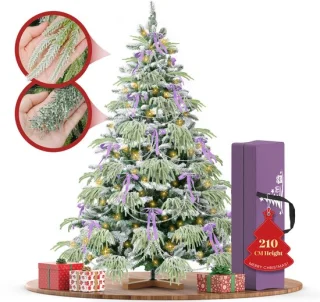 Soontrans 210 cm Kunstkerstboom, PVC + PE Groene Kerstboom, kunstmatige Spar Met LED-Verlichting, Sneeuwbedekking, Decoratieve Accessoires, Beschermende Handschoenen, Opbergtas, Houten Standaard