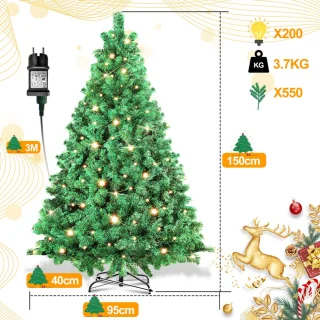150 cm Kunstkerstboom met verlichting, dennenboom met 200 warm-witte ledlampen, 550 gemengde takken, kerstboom, kunstboom voor Kerstmis, groen
