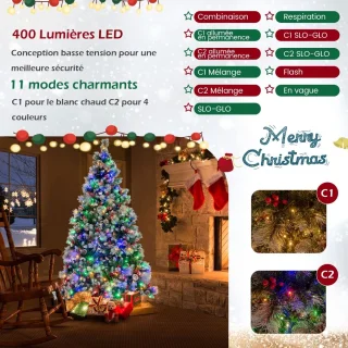 215 cm Verlichte Scharnierende Kunstkerstboom, 1116 Takken, 400 LED-lampjes, 70 Dennenappels, 70 Rode Bessen, 11 Verlichtingsmodi