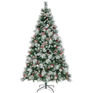 215 cm Verlichte Scharnierende Kunstkerstboom, 1116 Takken, 400 LED-lampjes, 70 Dennenappels, 70 Rode Bessen, 11 Verlichtingsmodi