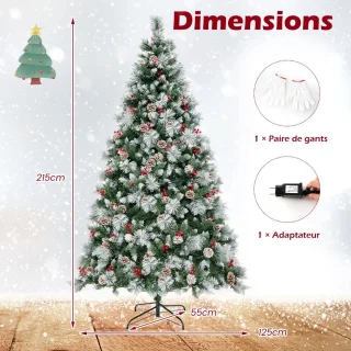 215 cm Verlichte Scharnierende Kunstkerstboom, 1116 Takken, 400 LED-lampjes, 70 Dennenappels, 70 Rode Bessen, 11 Verlichtingsmodi
