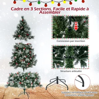 215 cm Verlichte Scharnierende Kunstkerstboom, 1116 Takken, 400 LED-lampjes, 70 Dennenappels, 70 Rode Bessen, 11 Verlichtingsmodi