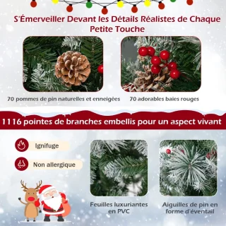 215 cm Verlichte Scharnierende Kunstkerstboom, 1116 Takken, 400 LED-lampjes, 70 Dennenappels, 70 Rode Bessen, 11 Verlichtingsmodi