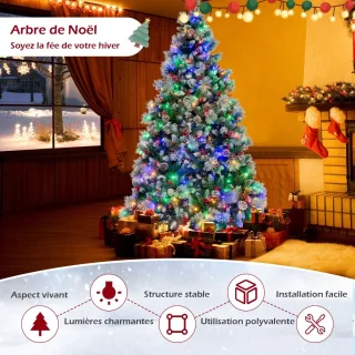 215 cm Verlichte Scharnierende Kunstkerstboom, 1116 Takken, 400 LED-lampjes, 70 Dennenappels, 70 Rode Bessen, 11 Verlichtingsmodi
