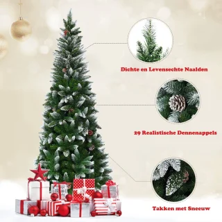 COSTWAY 180cm/220cm Kunstmatige potlood kerstboom met dennenappels, besneeuwde kerstboom met metalen standaard, kerstboom PVC naalden, kunstkerstboom vouwsysteem (180cm)