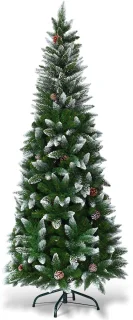 COSTWAY 180cm/220cm Kunstmatige potlood kerstboom met dennenappels, besneeuwde kerstboom met metalen standaard, kerstboom PVC naalden, kunstkerstboom vouwsysteem (180cm)
