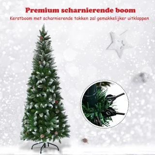 COSTWAY 180cm/220cm Kunstmatige potlood kerstboom met dennenappels, besneeuwde kerstboom met metalen standaard, kerstboom PVC naalden, kunstkerstboom vouwsysteem (180cm)