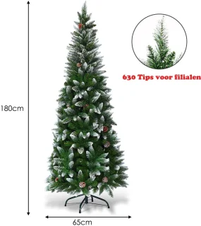 COSTWAY 180cm/220cm Kunstmatige potlood kerstboom met dennenappels, besneeuwde kerstboom met metalen standaard, kerstboom PVC naalden, kunstkerstboom vouwsysteem (180cm)