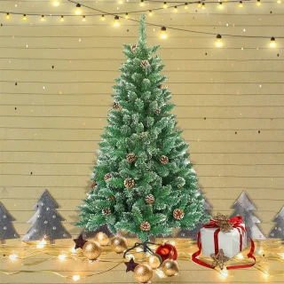 120CM Kunstkerstboom, Dennenboom, Kunstboom Wit & Groen met Sneeuweffect + Dennenappels, PVC Kerstboom inclusief Standaard