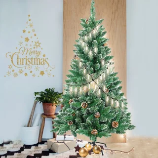 120CM Kunstkerstboom, Dennenboom, Kunstboom Wit & Groen met Sneeuweffect + Dennenappels, PVC Kerstboom inclusief Standaard