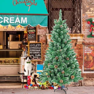 120CM Kunstkerstboom, Dennenboom, Kunstboom Wit & Groen met Sneeuweffect + Dennenappels, PVC Kerstboom inclusief Standaard