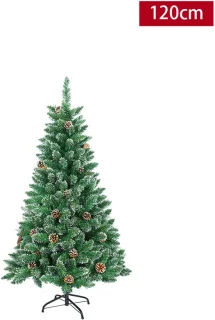 120CM Kunstkerstboom, Dennenboom, Kunstboom Wit & Groen met Sneeuweffect + Dennenappels, PVC Kerstboom inclusief Standaard