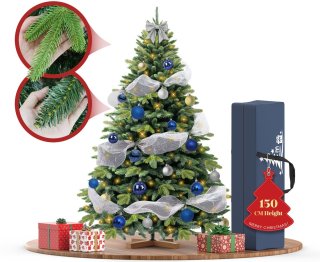 De Soontrans 150 cm Premium Kunstkerstboom-Levensechte Kunstmatige PVC + PE Spar, Kerstboom Met LED Verlichting, Houten Standaard, Opbergtas, Decoratieve Accessoires, Beschermende Handschoenen, Dichte Takken, Vlamvertragend in één oogopslag