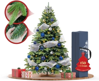 Soontrans 150 cm Premium Kunstkerstboom-Levensechte Kunstmatige PVC + PE Spar, Kerstboom Met LED Verlichting, Houten Standaard, Opbergtas, Decoratieve Accessoires, Beschermende Handschoenen, Dichte Takken, Vlamvertragend
