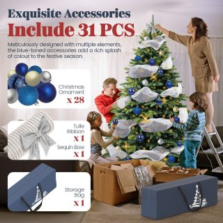 Wat vinden we goed aan de Soontrans 150 cm Premium Kunstkerstboom-Levensechte Kunstmatige PVC + PE Spar, Kerstboom Met LED Verlichting, Houten Standaard, Opbergtas, Decoratieve Accessoires, Beschermende Handschoenen, Dichte Takken, Vlamvertragend