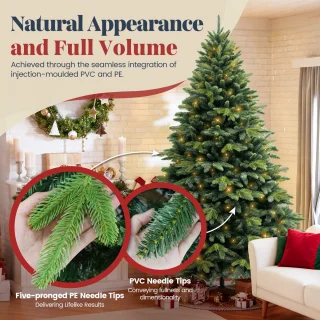 Soontrans 150 cm Premium Kunstkerstboom-Levensechte Kunstmatige PVC + PE Spar, Kerstboom Met LED Verlichting, Houten Standaard, Opbergtas, Decoratieve Accessoires, Beschermende Handschoenen, Dichte Takken, Vlamvertragend