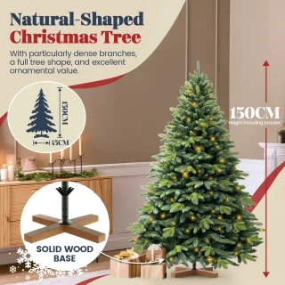Soontrans 150 cm Premium Kunstkerstboom-Levensechte Kunstmatige PVC + PE Spar, Kerstboom Met LED Verlichting, Houten Standaard, Opbergtas, Decoratieve Accessoires, Beschermende Handschoenen, Dichte Takken, Vlamvertragend