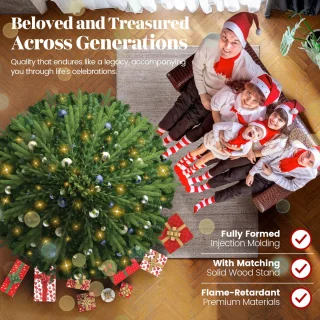 Soontrans 150 cm Premium Kunstkerstboom-Levensechte Kunstmatige PVC + PE Spar, Kerstboom Met LED Verlichting, Houten Standaard, Opbergtas, Decoratieve Accessoires, Beschermende Handschoenen, Dichte Takken, Vlamvertragend