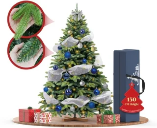 Soontrans 150 cm Premium Kunstkerstboom-Levensechte Kunstmatige PVC + PE Spar, Kerstboom Met LED Verlichting, Houten Standaard, Opbergtas, Decoratieve Accessoires, Beschermende Handschoenen, Dichte Takken, Vlamvertragend