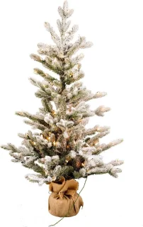Vaxo Flocked verlichte tafelkerstboom - 91 cm - Wit geflockt groen - Ø81 cm - 147 tips - 50 ledlampjes (warm wit) - Besneeuwd/Frosted - Jute zak