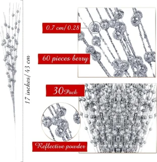 30 stuks glitter bessen kerstboom decoratie pick - 43 cm glinsterende takken - zilver