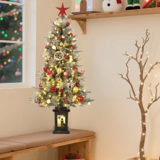 122 cm kunstkerstboom met vintage plantenpot, sneeuw en rode bessen