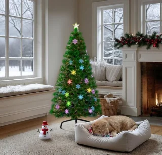 150 cm glasvezel kunstkerstboom met kleurrijke sneeuwvlokken