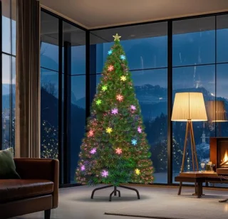 180 cm glasvezel kunstkerstboom met stabiele standaard, kleurrijke sneeuwvlokken