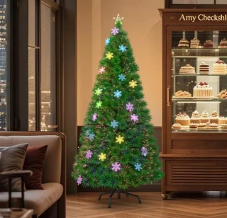 210 cm glasvezelkunstkerstboom met kleurrijke sneeuwvlokken