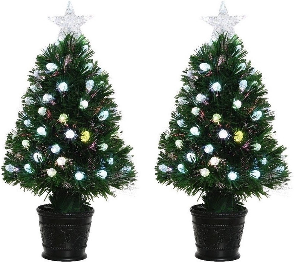 2x Groene glasvezel kunstkerstbomen 90 cm LED