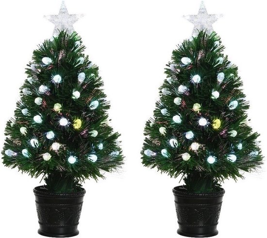 2x Groene glasvezel kunstkerstbomen 90 cm LED