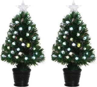 2x Groene glasvezel kunstkerstbomen 90 cm LED