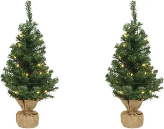 2x Groene Mini Kunstkerstbomen met Verlichting 60 cm in Jute Zak