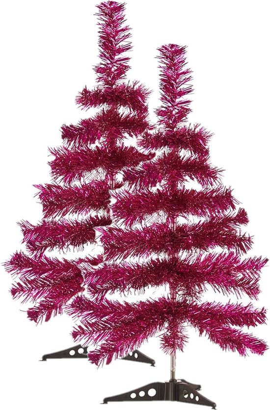 2x Kleine Fuchsia Roze Kerstbomen 60 cm Kunststof met Voet