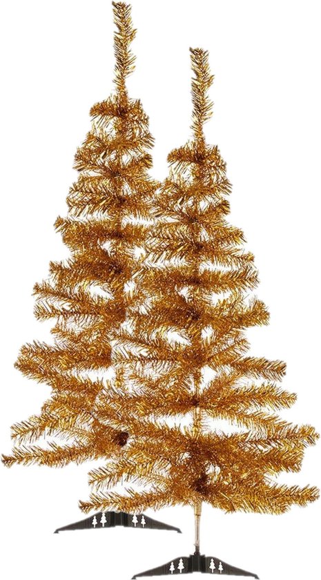 2x Kleine Gouden Kunststof Kerstboom 90 cm met Voet