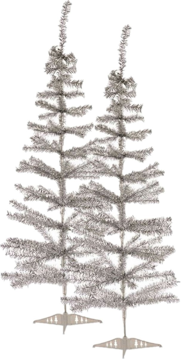 2x Kleine Zilveren Kunststof Kerstbomen 120 cm met Voet