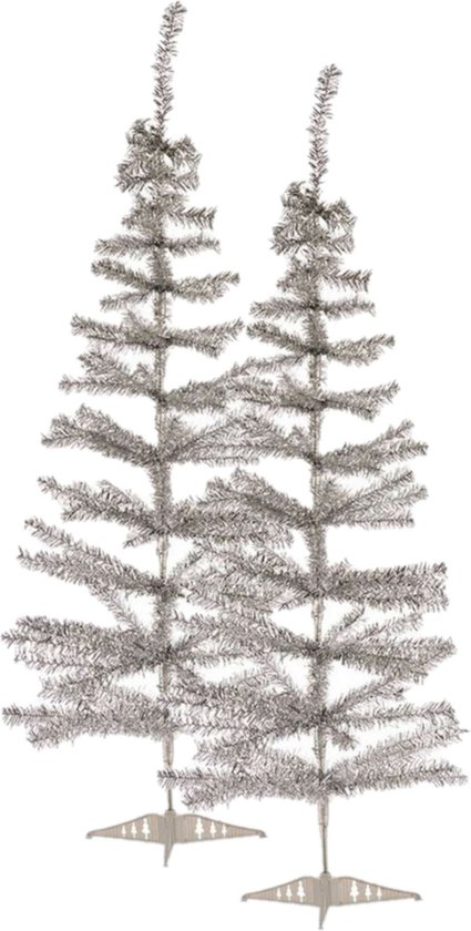 2x Kleine Zilveren Kunststof Kerstbomen 120 cm met Voet