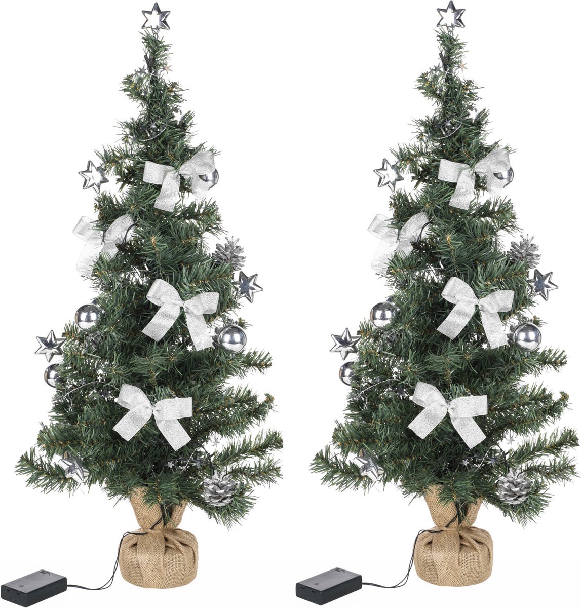 2x kunstkerstbomen 75 cm met verlichting en versiering