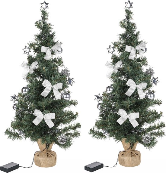 2x kunstkerstbomen 75 cm met verlichting en versiering
